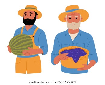 Men farmers with crops in hand. Festival of watermelon and grapes. Farming and agriculture