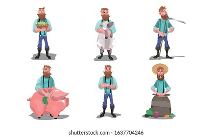 Men farmers with farm animals, produce and tools vector illustration