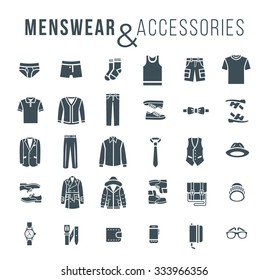 Hombres ropa de moda y accesorios de trazo plano iconos vectoriales. Objetos de silueta de traje masculino, ropa interior, zapatos y todos los días esenciales para cualquier temporada. Colección moderna de estilo urbano informal