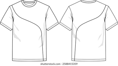 Men fashion crew neck with curved panels, straight hem, loose fit, short sleeves, sketch front and back, vectors