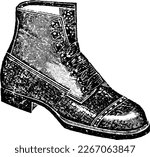 Men Fashion Dress Shoe Boot Illustration in Vintage Engraving Style, Illustration drawn in engraved etching style with halftones and linework. Antique shoe from early 1900s. Retro sketch.
