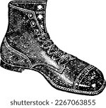Men Fashion Dress Shoe Boot Illustration in Vintage Engraving Style, Illustration drawn in engraved etching style with halftones and linework. Antique shoe from early 1900s. Retro sketch.