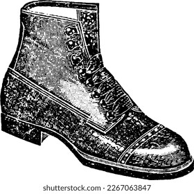 Men Fashion Dress Shoe Boot Illustration in Vintage Engraving Style, Illustration drawn in engraved etching style with halftones and linework. Antique shoe from early 1900s. Retro sketch.