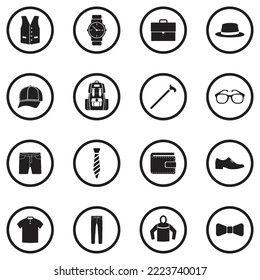 Men Fashion Icons. Black Flat Design In Circle. Vector Illustration.