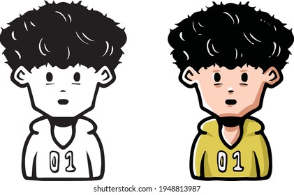 Men  fashion outfit in color vector illustration icon wearing design and fresh dressing. cartoon caricature boy. black and white and color version in one set. 