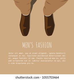 Men fashion sale advertisement template background vector graphic design. Men in brown trousers and shoes standing on the floor.