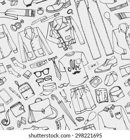 Men fashion  seamless pattern.Doodle modern wear,clothing set.Isolated elements,icons.Hand drawn Linear Vector Illustration,sketch background,fabric.Father day,hipster,man style