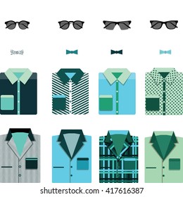 Men fashion set vector. Shirt, blazer, bow tie and sunglasses set. 