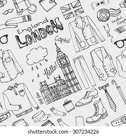 Men fashion wear seamless pattern background.Doodle modern male clothing set.London hipster,England Street casual apparel.Father day.Hand drawn Vector Illustration,outline sketch.