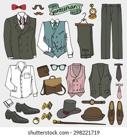 Men fashion wear.Doodle modern gentleman clothing set.Street casual apparel.Father day,hipster style.Isolated elements,icons.Hand drawn Vector Illustration,sketch.Retro Man wedding kit