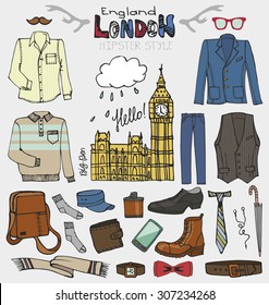 Men fashion wear.Doodle modern male clothing set.London hipster,England Street casual apparel.Father day.Isolated elements,icons.Hand drawn Vector Illustration,sketch.
