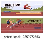 Men fast run hurdle race in the stadium. Athletic Steeplechase competition. Long jump athlete in motion vector flat illustration. Multinational sport flyers set, cartoon male characters
