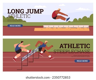 Men fast run hurdle race in the stadium. Athletic Steeplechase competition. Long jump athlete in motion vector flat illustration. Multinational sport flyers set, cartoon male characters