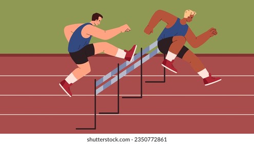 Men fast run hurdle race in the stadium. Athletic Steeplechase competition. Athletes group run through obstacles vector flat illustration. Multinational sport cartoon male character in motion