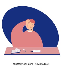 Men with fever. Concept of home treatment. Sick boy in flat style. Vector illustration for clinic, social media, web portal.
