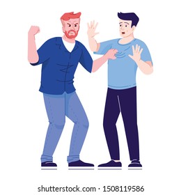 Men fight flat vector illustration. Aggressive behavior in society. Male conflict. Friends arguing. Angry and defending men isolated cartoon characters with outline elements on white background