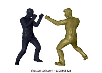 Men fighting. 3d Low poly vector illustration. Isolated on white background.