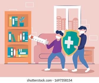 men fighting coronavirus with big syringe and shield over house library scenery background, colorful design, vector illustration