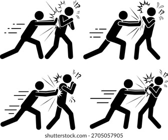 Homens Lutando Perfuração Conflito Agressão Stick Figura Ícone Set