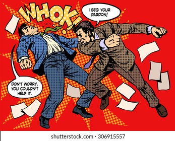 Men fighting street crime emotions anger hate retro style pop art