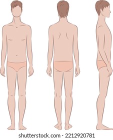 Men figure. Body type with reduced fat deposition and poorly developed musculature. Thin man sketch. Template for technical drawing Front, back, side.