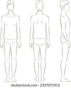 Figura masculina. Tipo corporal con deposición de grasa reducida y musculatura poco desarrollada. Delante, atrás, lado.