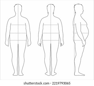 Men figure increased fat deposition. Male overweight body proportions sewing clothing. Chest waist hips line. Front back side. Vector illustration.