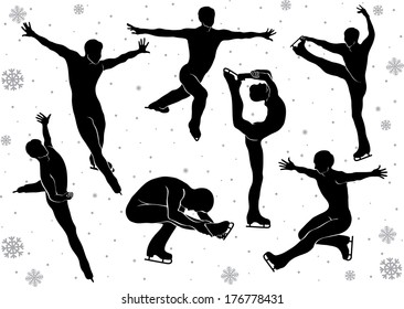 Men figure skating in motion on the ice. Set of silhouettes in vector. Winter sports. Falling snowflakes background. Illustration