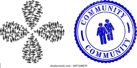 Men figures exploding flower shape, and blue round COMMUNITY rough seal with icon inside. Object flower with 4 petals designed from oriented men figures items. Vector flower collage in flat style.