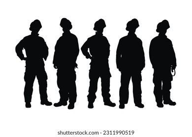 Männer feuern Kämpfer mit Uniformen und Stehen. Männliche Feuermannsilhouette auf weißem Hintergrund. Feuerwehrleute Silhouettensammlung Boys. Männliche Feuerwehrleute und Rettungskräfte mit anonymen Gesichtern.