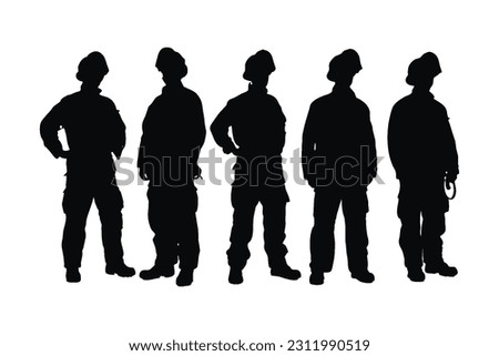 Men firefighters wearing uniforms and standing. Male fireman silhouette on a white background. Firefighter Boys silhouette collection. Male firemen and emergency workers with anonymous faces.