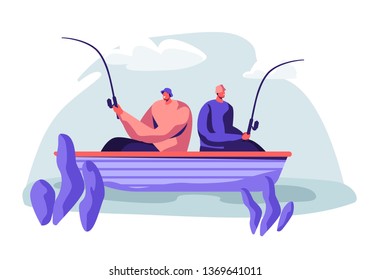 Men Fishing in Boat on Calm Lake or River at Summer Day. Relaxing Hobby at Summertime. Fishmen Sitting with Rods Having Good Catch. Friends Spend Time Together. Cartoon Flat Vector Illustration