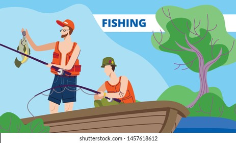 Men Fishing in Boat on Calm Lake or River at Summer Day. Relaxing Spare Time, Fishermen Friends Sitting with Rod Having Good Catch. Vacation Leisure, Relax on Nature. Cartoon Flat Vector Illustration