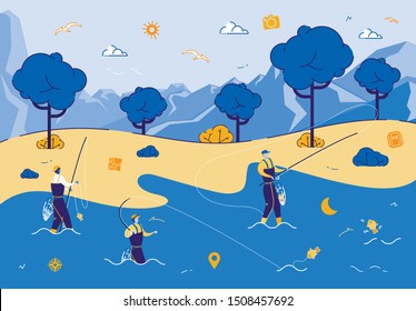 Men Fishing on Calm Lake or River with Mountains Landscape Background. Relaxing Hobby at Summer. Fishmen Stand with Rods Having Good Catch. Friends Spend Time Together Cartoon Flat Vector Illustration