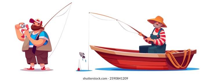 Men fishing set isolated on white background. Vector cartoon illustration of fishermen in boat catching fish with rod, male characters enjoying hobby with gear, summer outdoor activity on water