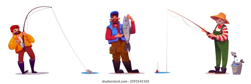 Men fishing set isolated on white background. Vector cartoon illustration of fishermen catching fish with rods, male characters with gear enjoying hobby on river, summer outdoor activity on water