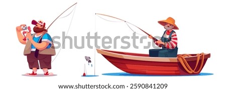 Men fishing set isolated on white background. Vector cartoon illustration of fishermen in boat catching fish with rod, male characters enjoying hobby with gear, summer outdoor activity on water