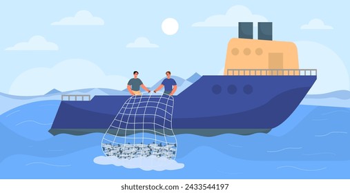 Männer beim Angelschiff Konzept. Junge Männer mit Netz und Fischen. Fischer mit Gütern. Nautisches Schiff auf See oder Ozean. Produktion und Export von Meeresfrüchten. Cartoon flache Vektor-Illustration