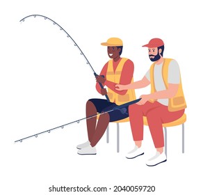 Men fishing together semi flat color vector character. Sitting figures. Full body people on white. Recreational hobby isolated modern cartoon style illustration for graphic design and animation