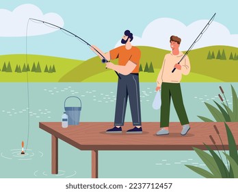 Männer beim Angeln. Junge Jungs mit Angelruten in der Nähe von See oder Fluss. Aktiver Lebensstil, Hobby und Freizeit. Sport Outdoor-Metapher. Erholen Sie sich in der Natur, auf Poster oder Banner. Cartoon-Flavektor-Vektorgrafik