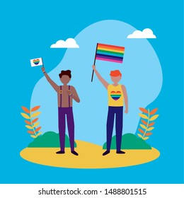 men with flags celebration - queer community lgbtq vector illustration