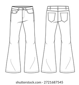 Hombres pantalones vaqueros de bengala frente y vista trasera técnica plana dibujo Vector maqueta Plantilla.