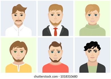 Men flat avatars set with smiling faces. Detailed people portraits icons collection. Vector illustration.
