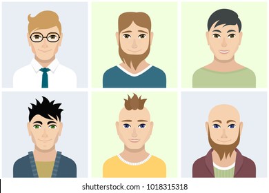 Men flat avatars set with smiling faces. Detailed people portraits icons collection. Vector illustration.