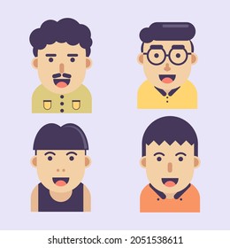 Men flat avatars set with smiling face. Facial expressions. Flat design vector illustration