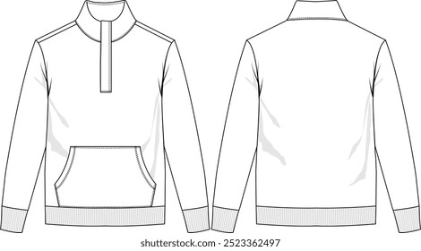 Men Fleece Pullover quarter zip under placket, long sleeve with rib cuff, kanga pockets, sketch front and back, vectors