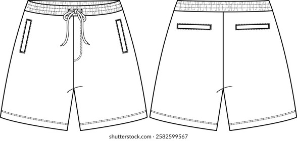 Men Fleece short with welt pockets at front and back, drawcord at waist, elastic waistband, front and back vector