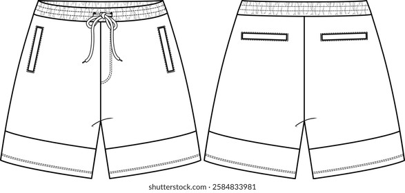 Men Fleece short with welt pockets at front and back, inserts at bottom hem, drawcord at waist, elastic waistband, front and back vector, vectors