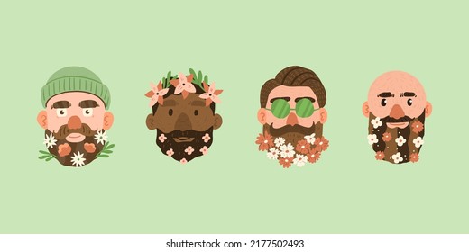 Hombres con flores en la barba. Ilustración vectorial simple dibujada a mano