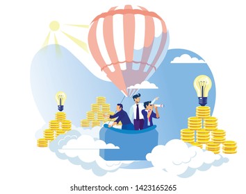 Men Flying in Balloon. Idea Increasing Profits. Achive Goal. Competition in Business. Successful Businessman. Vector Illustration. Man Looks into Telescope Coins. Earn Money. Reach Top.